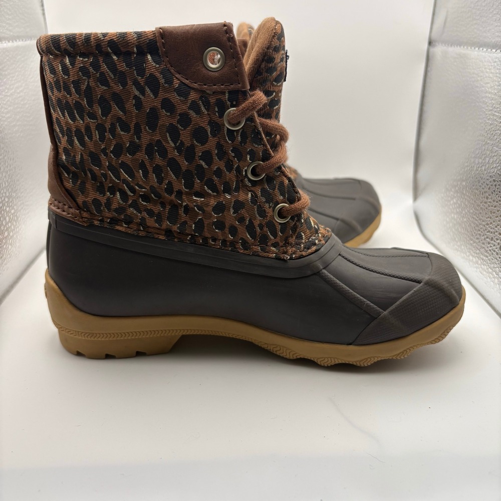 Sperry Saltwater Leopard Print Duck Boots Brown Kids Girls Waterproof Shoes - Picture 10 of 11